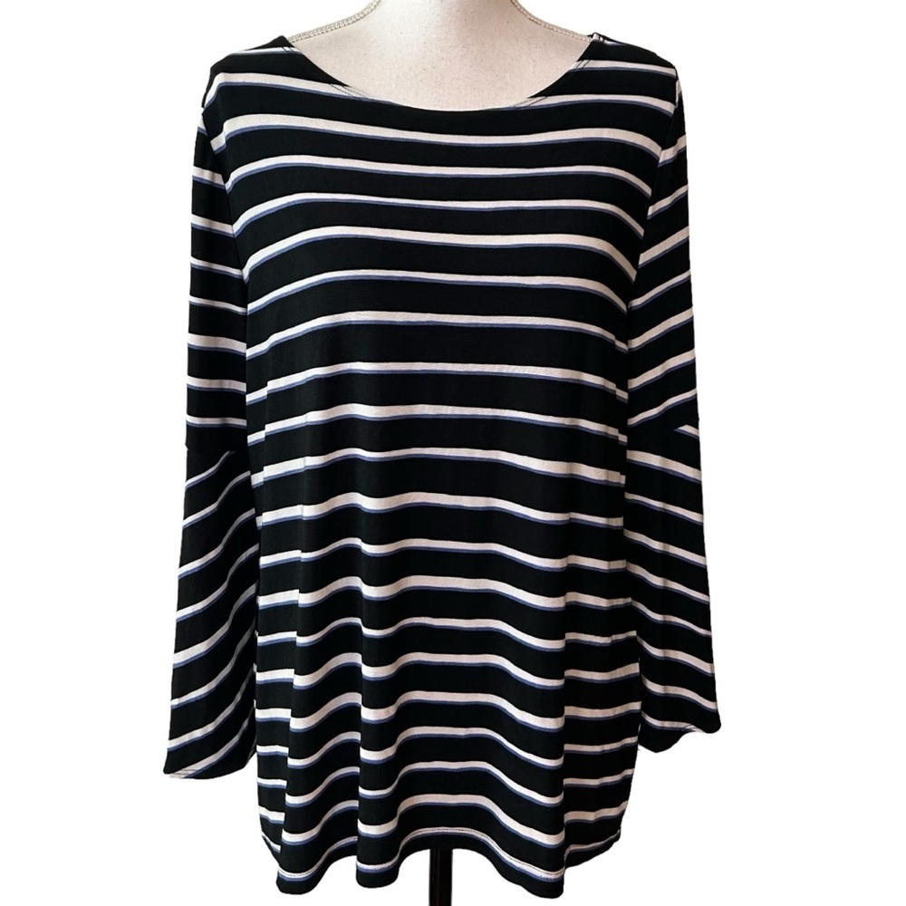 Chico’s Travelers Slinky Knit Bell Sleeve Top Black Stripe SZ Large Casual Work